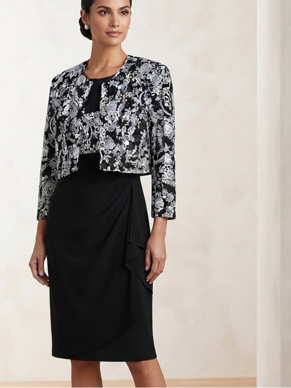 Dress Barn Black Dress with Black & White Floral Jacket